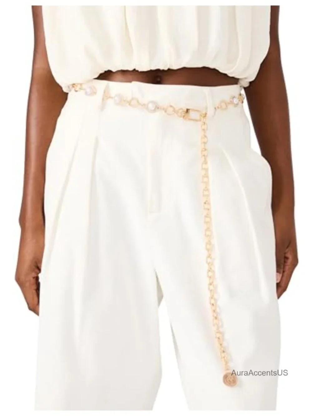 Gold Oval Clasp Chain Belt With Pearls